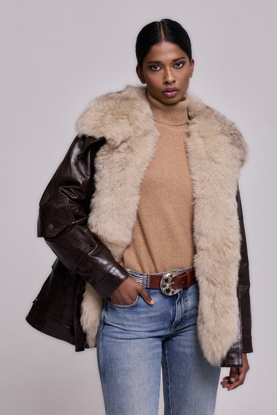 Army Leather Parka Brown-Biege