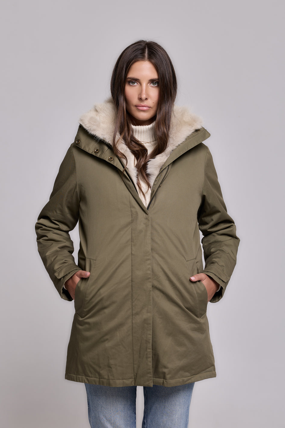 Parka Elegant BEIGE con Collo Alto e Gilet in pelliccia Removibile
