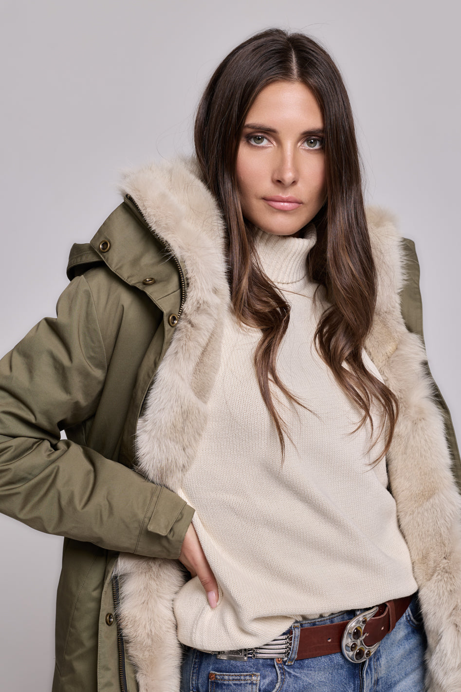Parka Elegant BEIGE con Collo Alto e Gilet in pelliccia Removibile