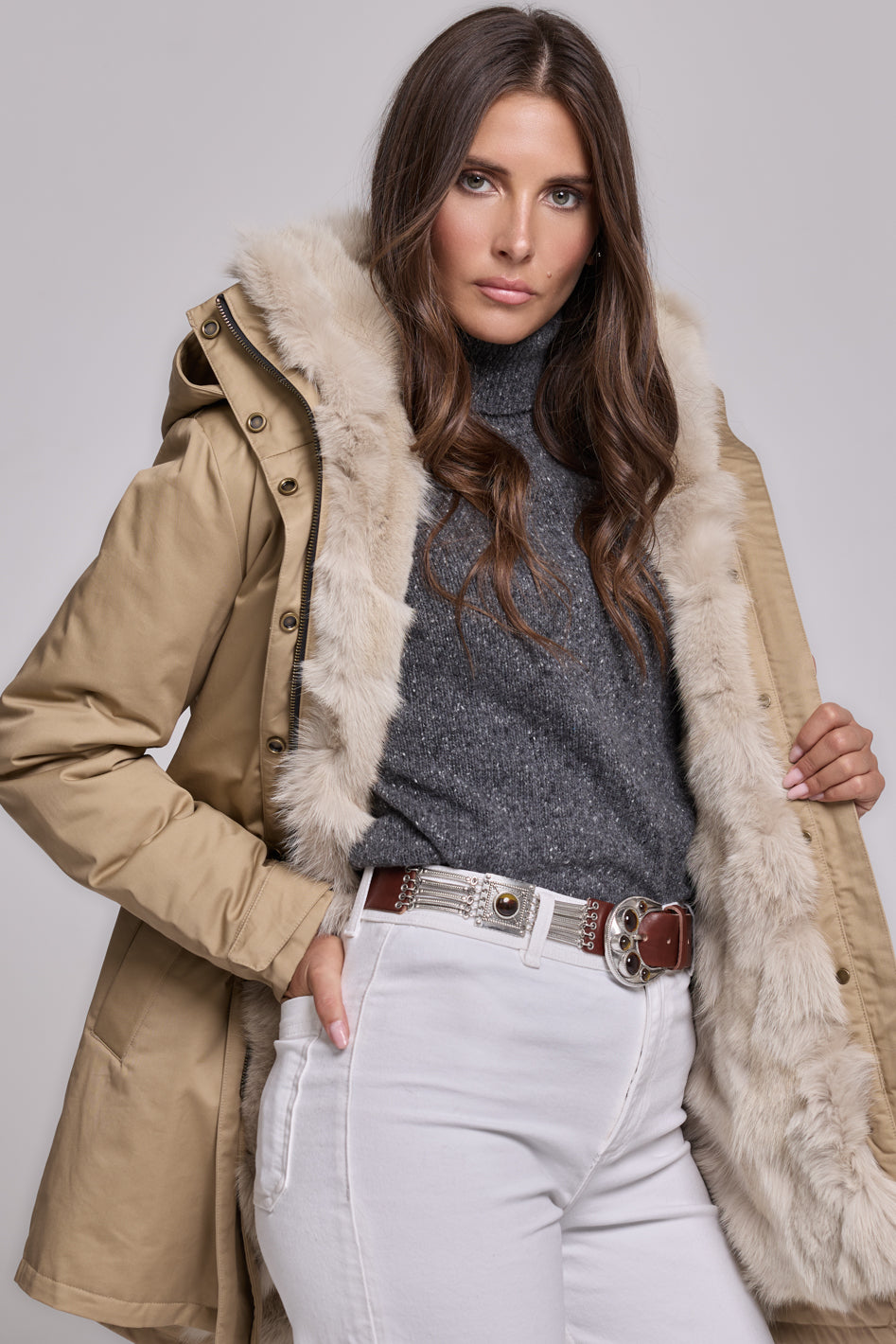 Parka Elegant BEIGE con Collo Alto e Gilet in pelliccia Removibile