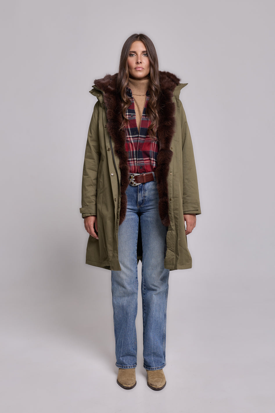 Parka x-long Elegant BROWN con Collo Alto e Gilet in pelliccia Removibile