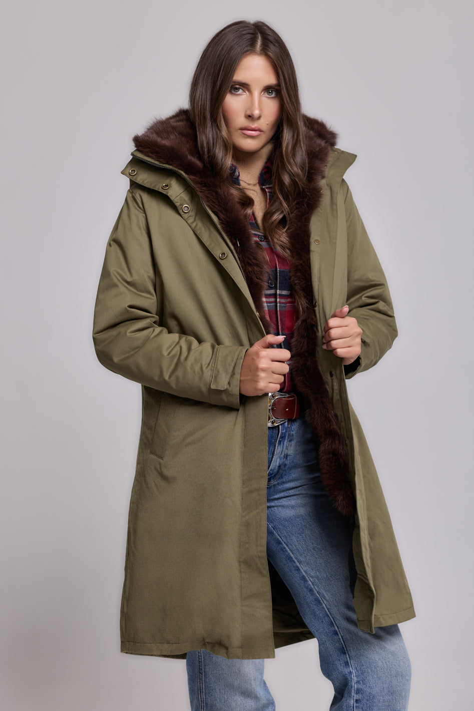 Parka x-long Elegant BROWN con Collo Alto e Gilet in pelliccia Removibile