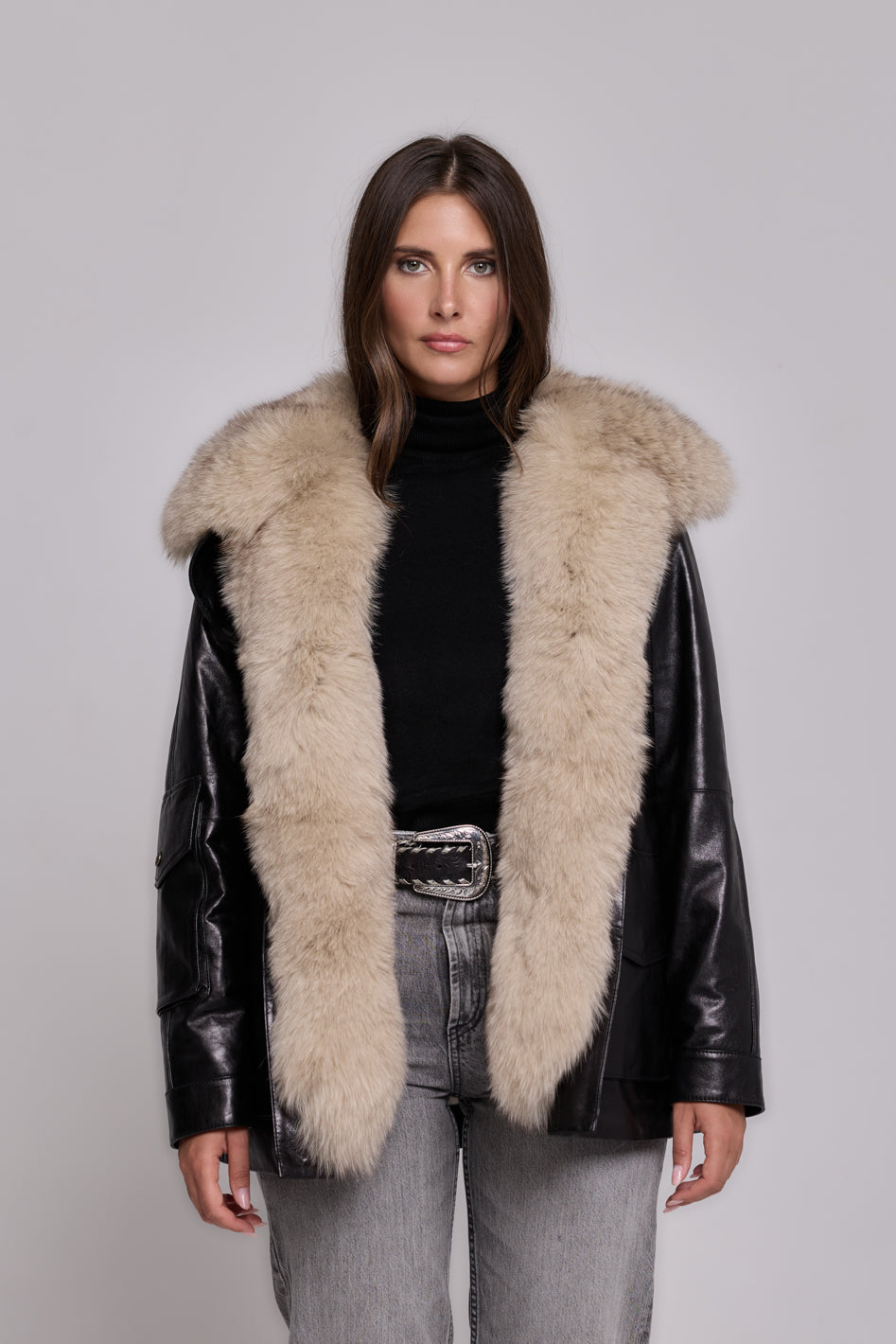 Army Leather Parka Black-Biege