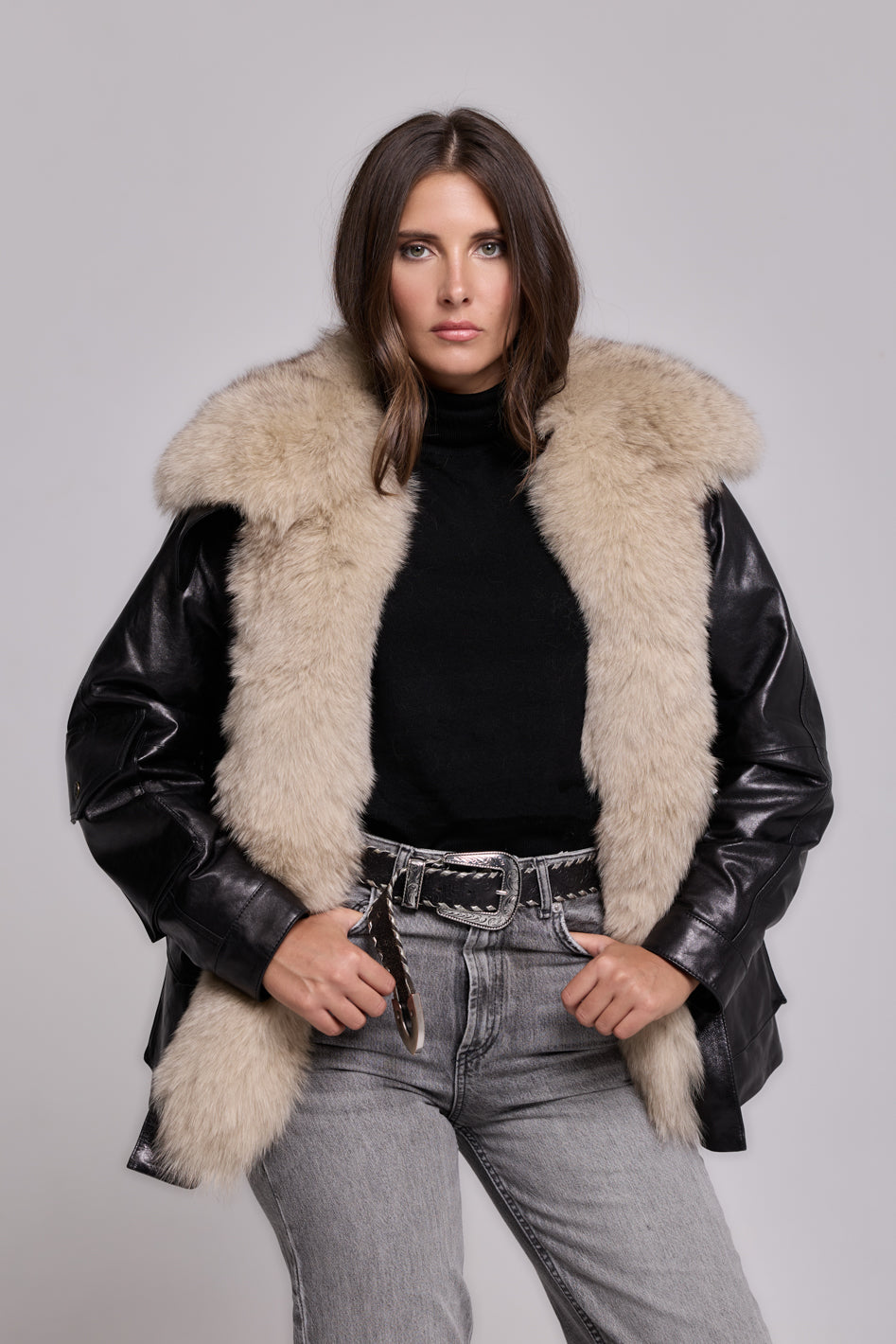 Army Leather Parka Black-Biege