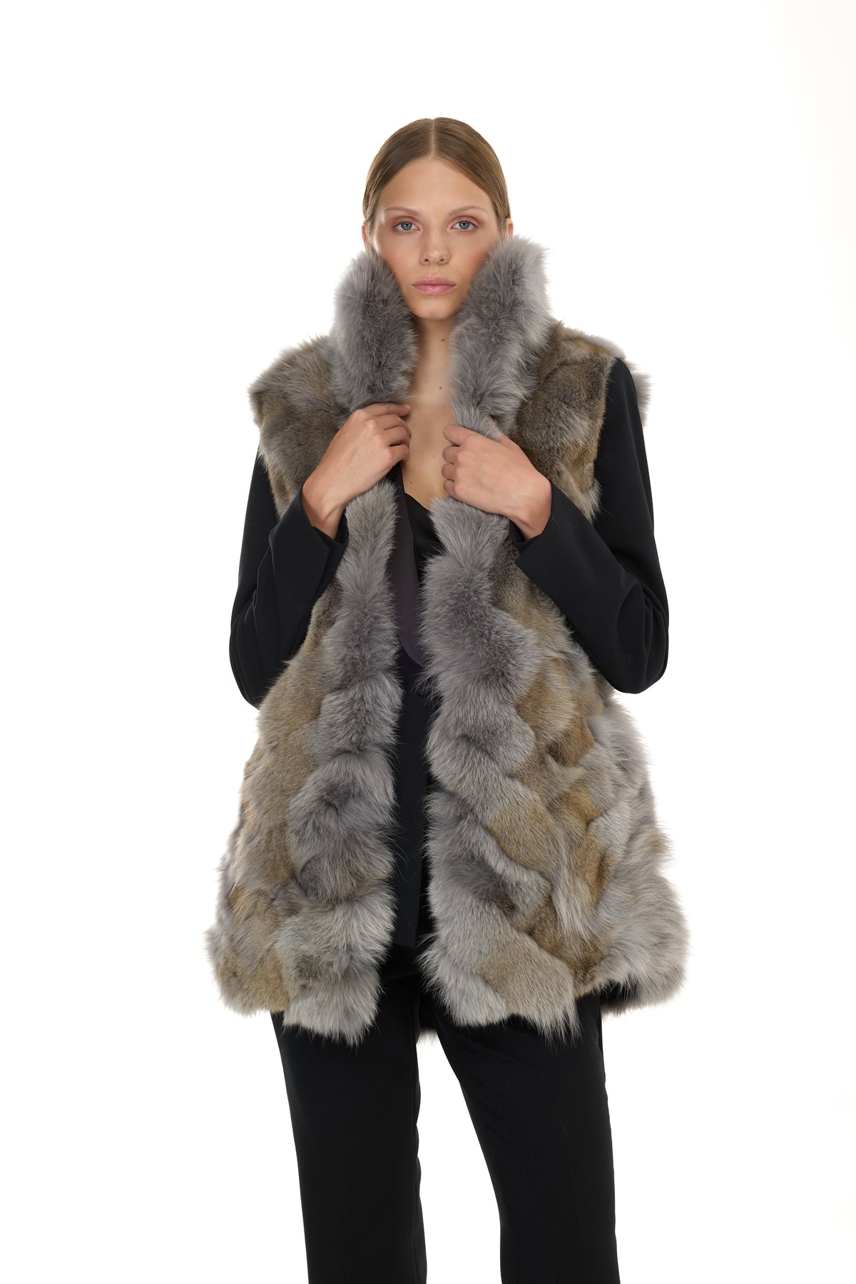 Parka x-long Elegant GREY con Collo Alto e Gilet in pelliccia Removibile