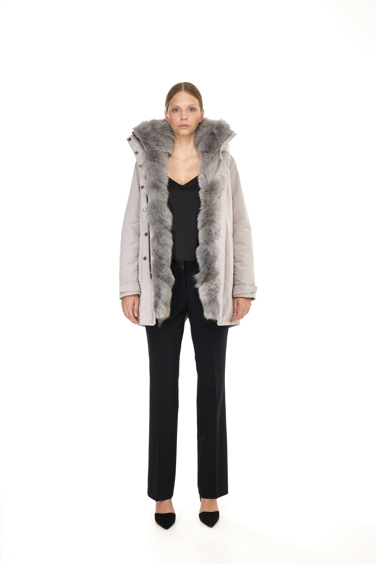 Parka Elegant GREY con Collo Alto e Gilet in pelliccia Removibile