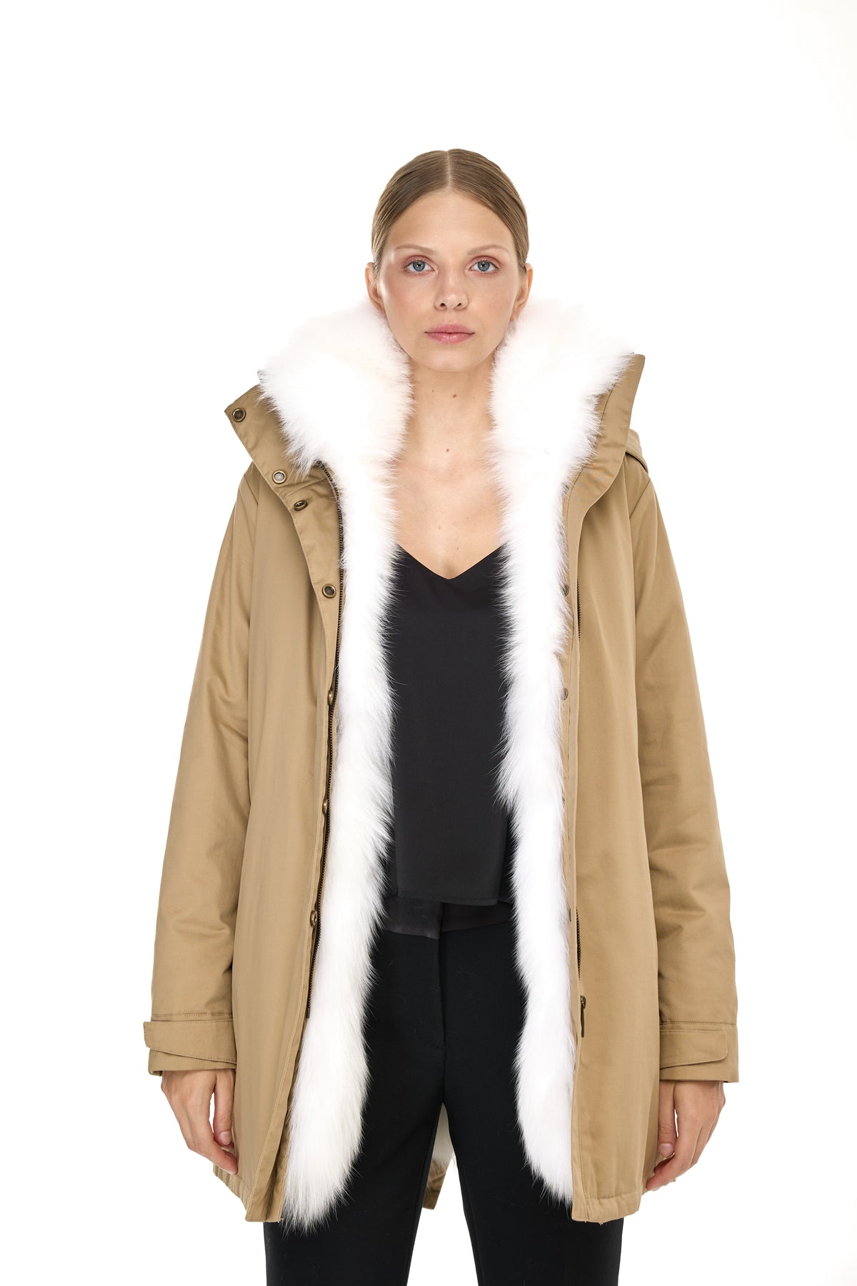 Parka Elegant WHITE con Collo Alto e Gilet in pelliccia Removibile