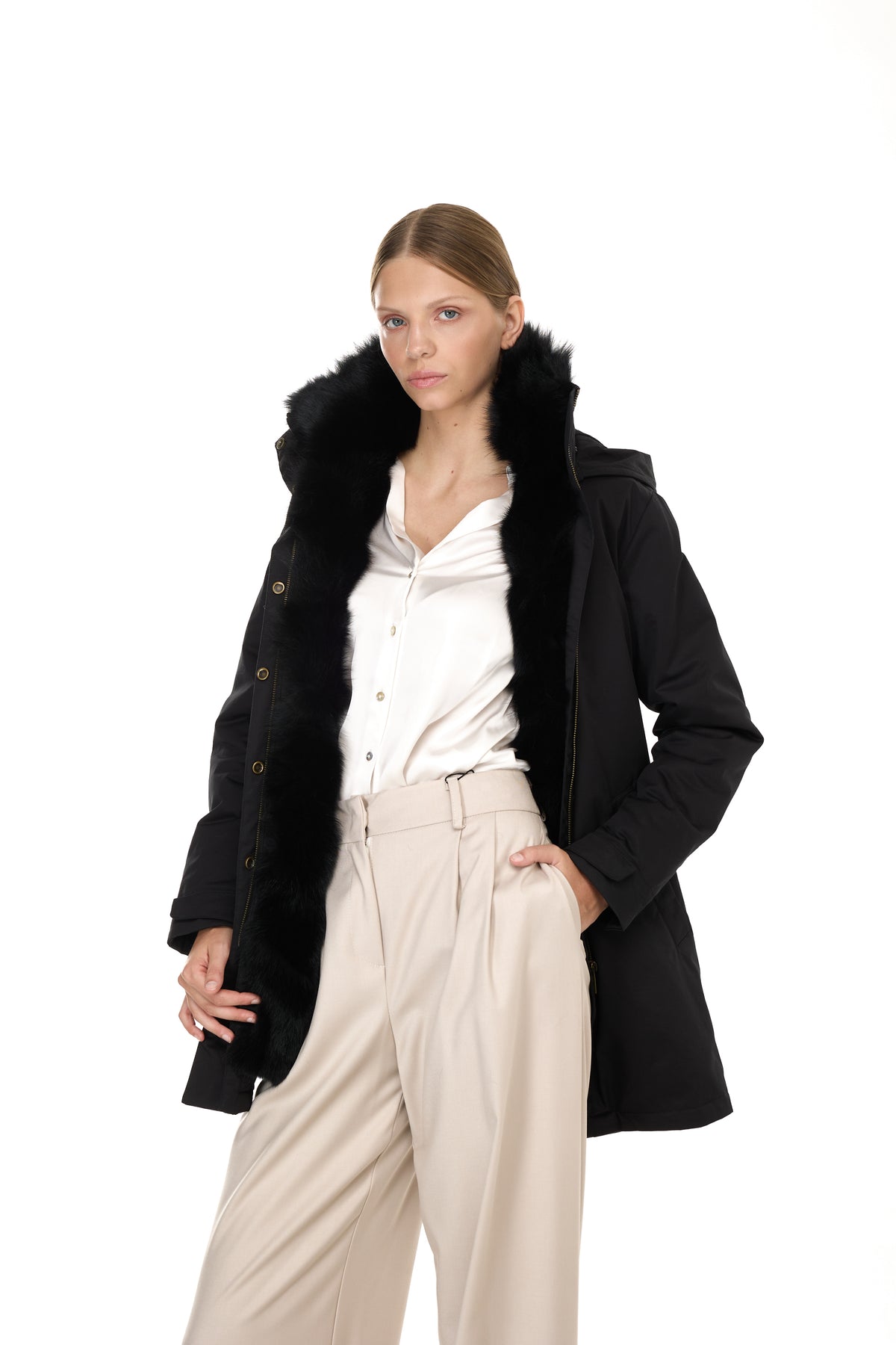 Parka Elegant BLACK con Collo Alto e Gilet in pelliccia Removibile