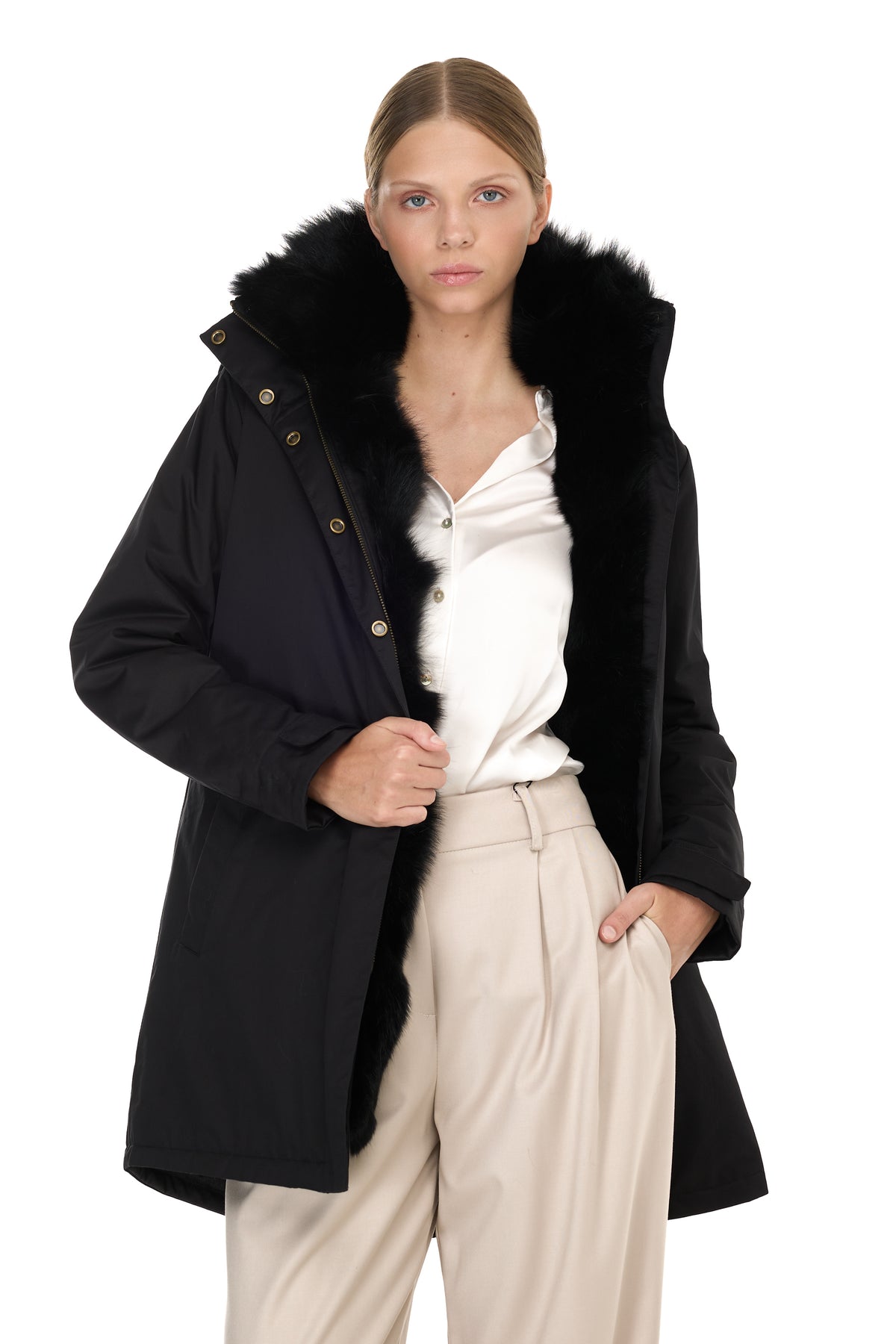 Parka Elegant BLACK con Collo Alto e Gilet in pelliccia Removibile