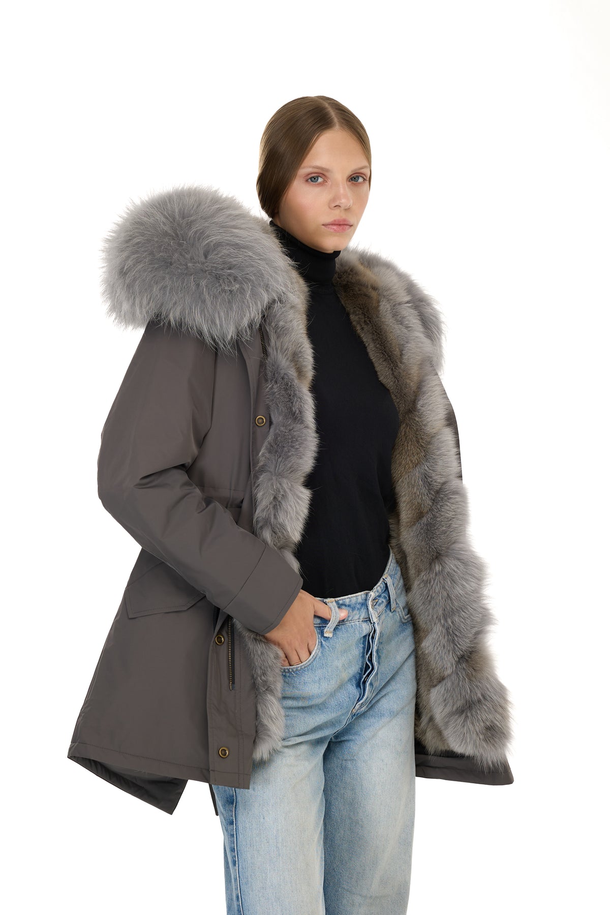 Parka long Urban GREY in Misto Cotone Impermeabile con Gilet in Coyote