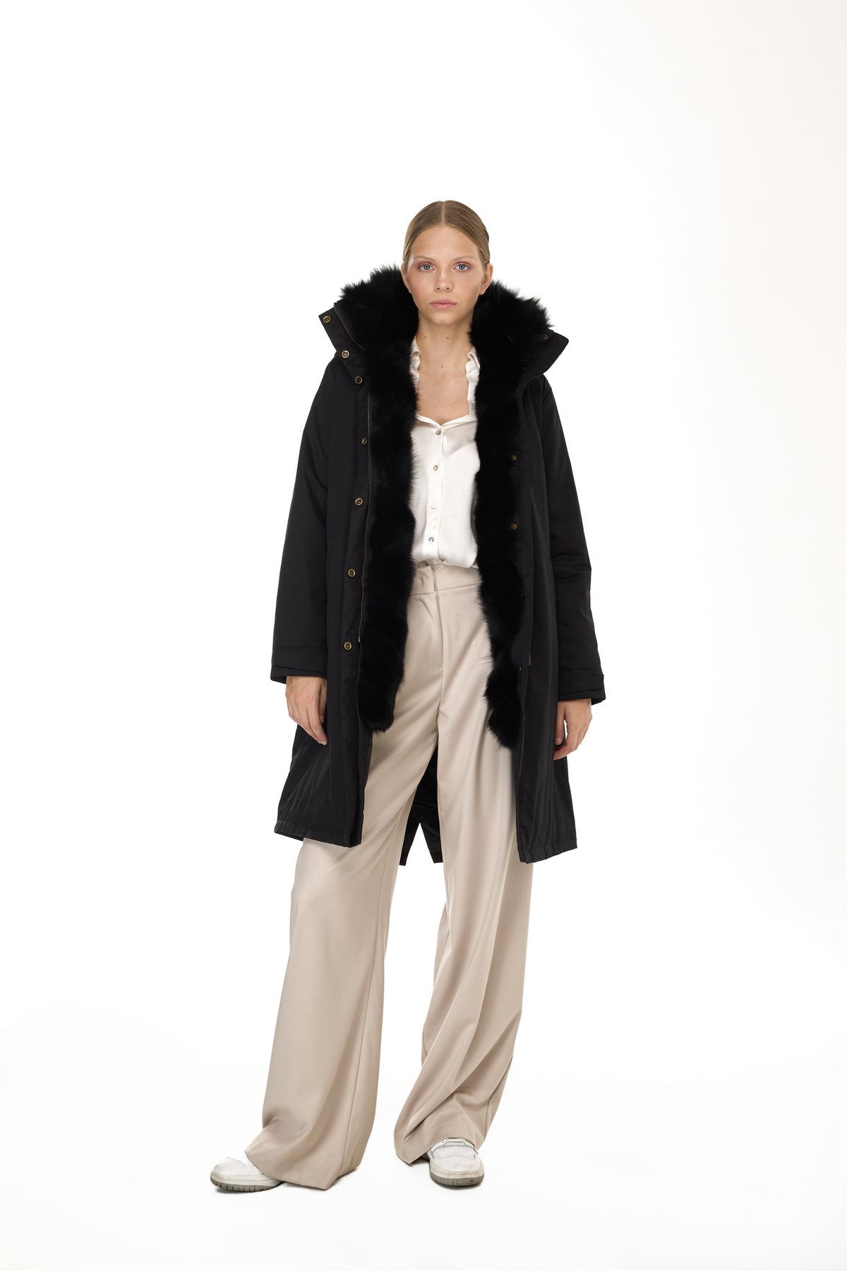 Parka x-long Elegant BLACK con Collo Alto e Gilet in pelliccia Removibile