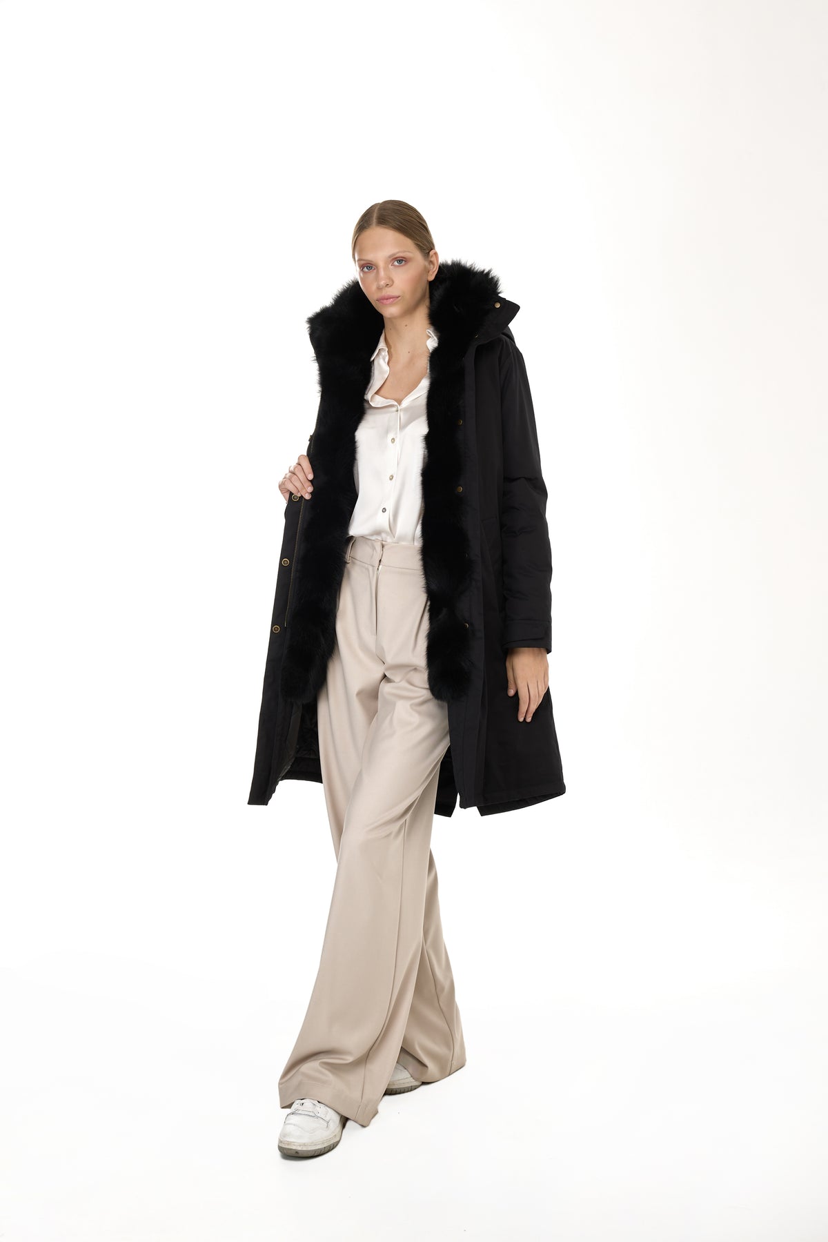Parka x-long Elegant BLACK con Collo Alto e Gilet in pelliccia Removibile