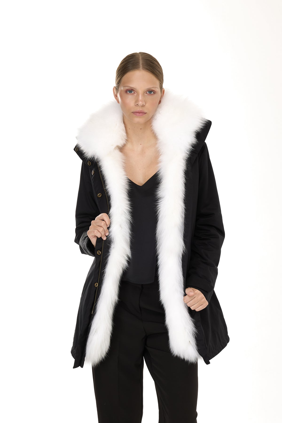 Elegante Parka BLANCA con Cuello Alto y Chaleco de Pelo Desmontable