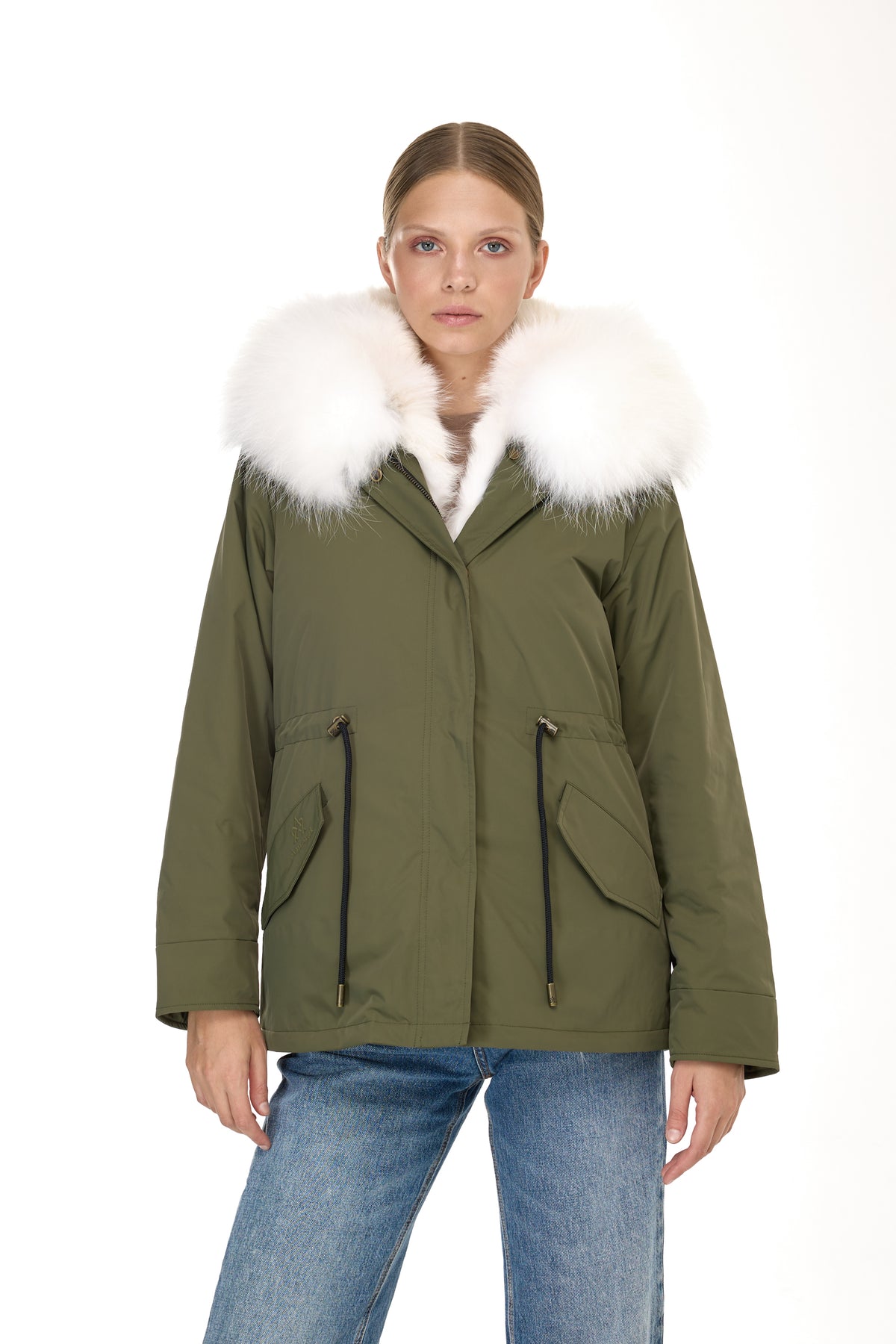 Parka corta Urban WHITE de mezcla de algodón impermeable con chaleco coyote