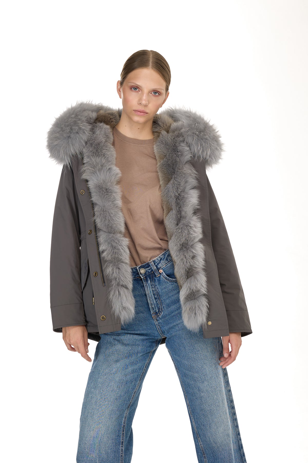 Parka short Urban GREY in Misto Cotone Impermeabile con Gilet in coyote