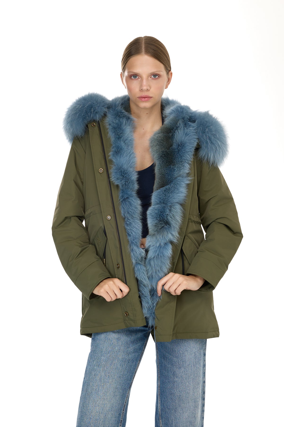 Parka longue Urban GREYISH BLUE en coton mélangé imperméable avec gilet coyote