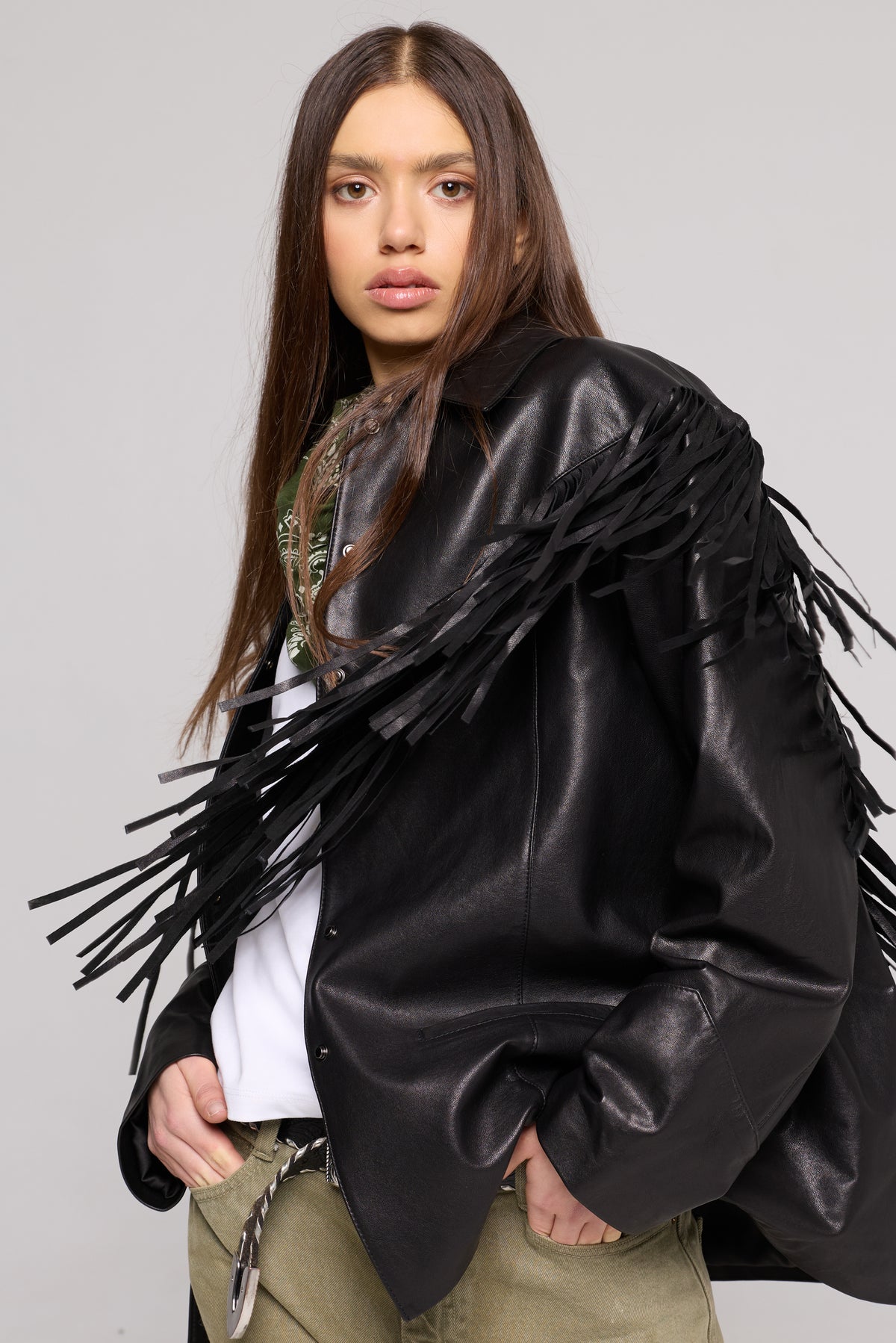 FRINGE JACKET in VERA Pelle BLACK