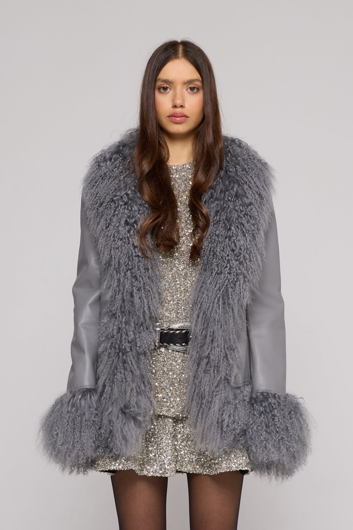 Mongolia Chaqueta de cuero gris