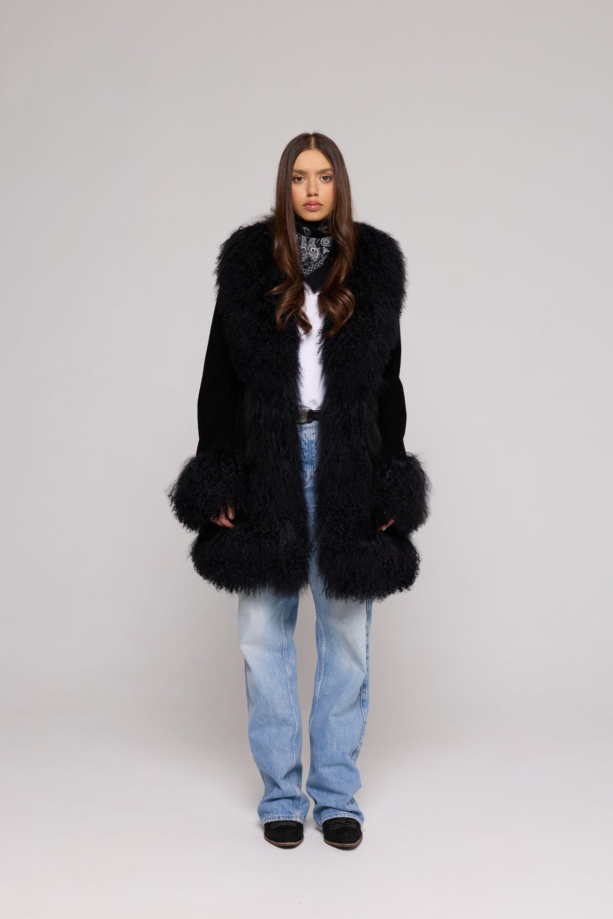 Chaqueta larga de ante Mongolia Negro