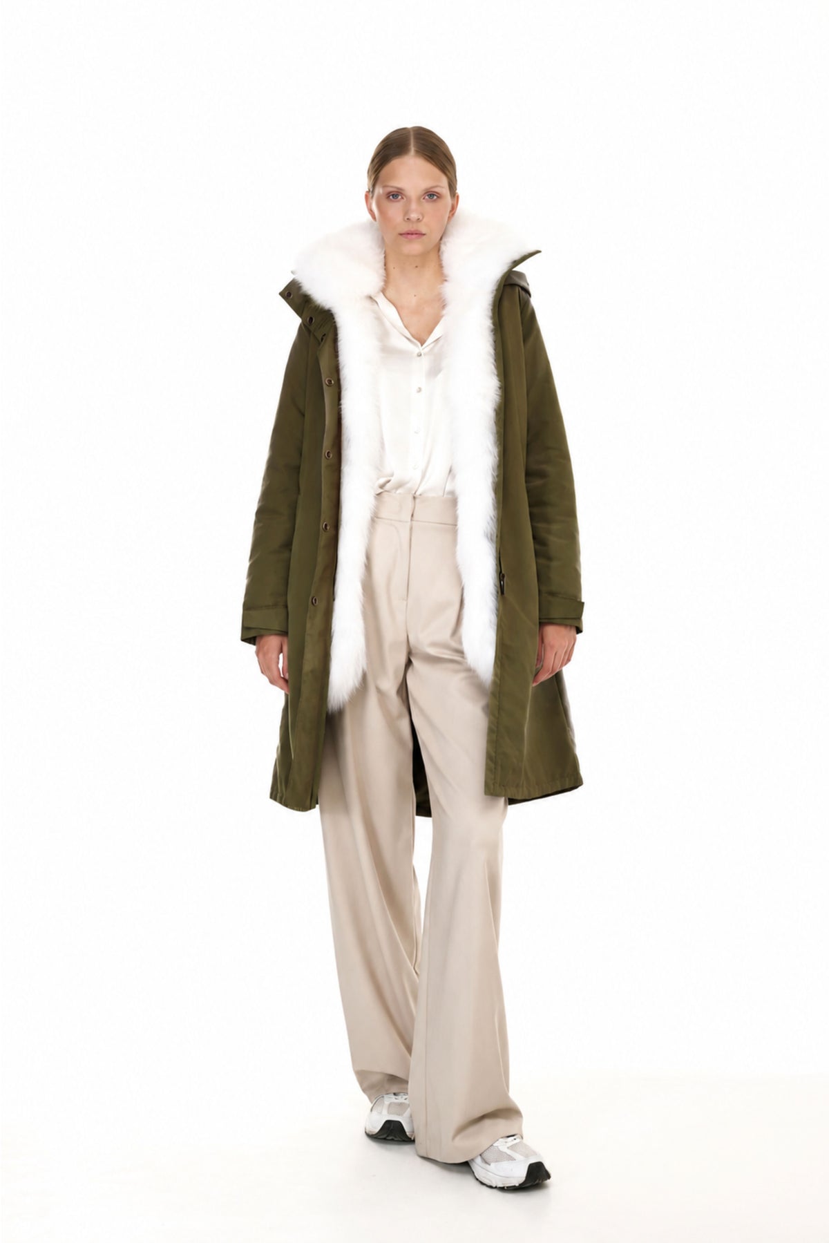 Parka X-Long Elegant WHITE FOX  con Collo Alto e Gilet in pelliccia Removibile