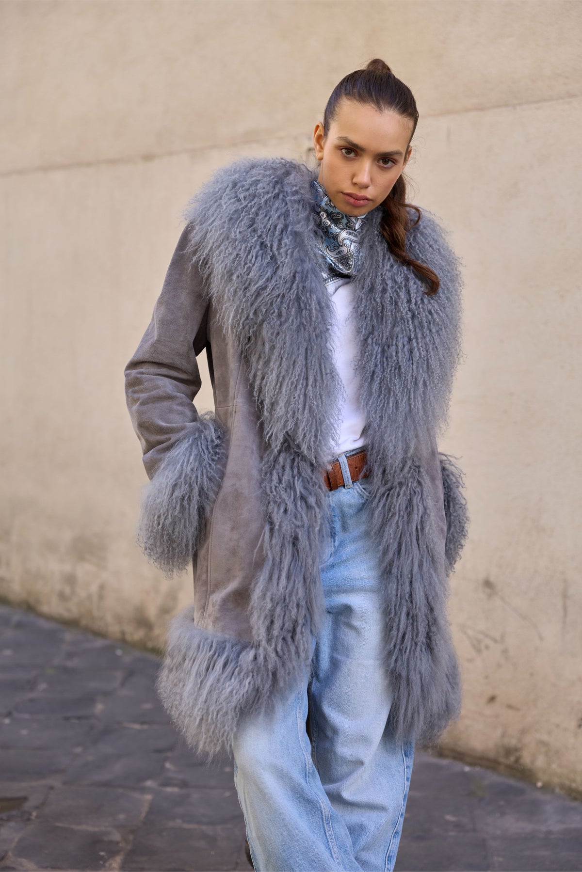 Chaqueta larga de ante Mongolia GRIS