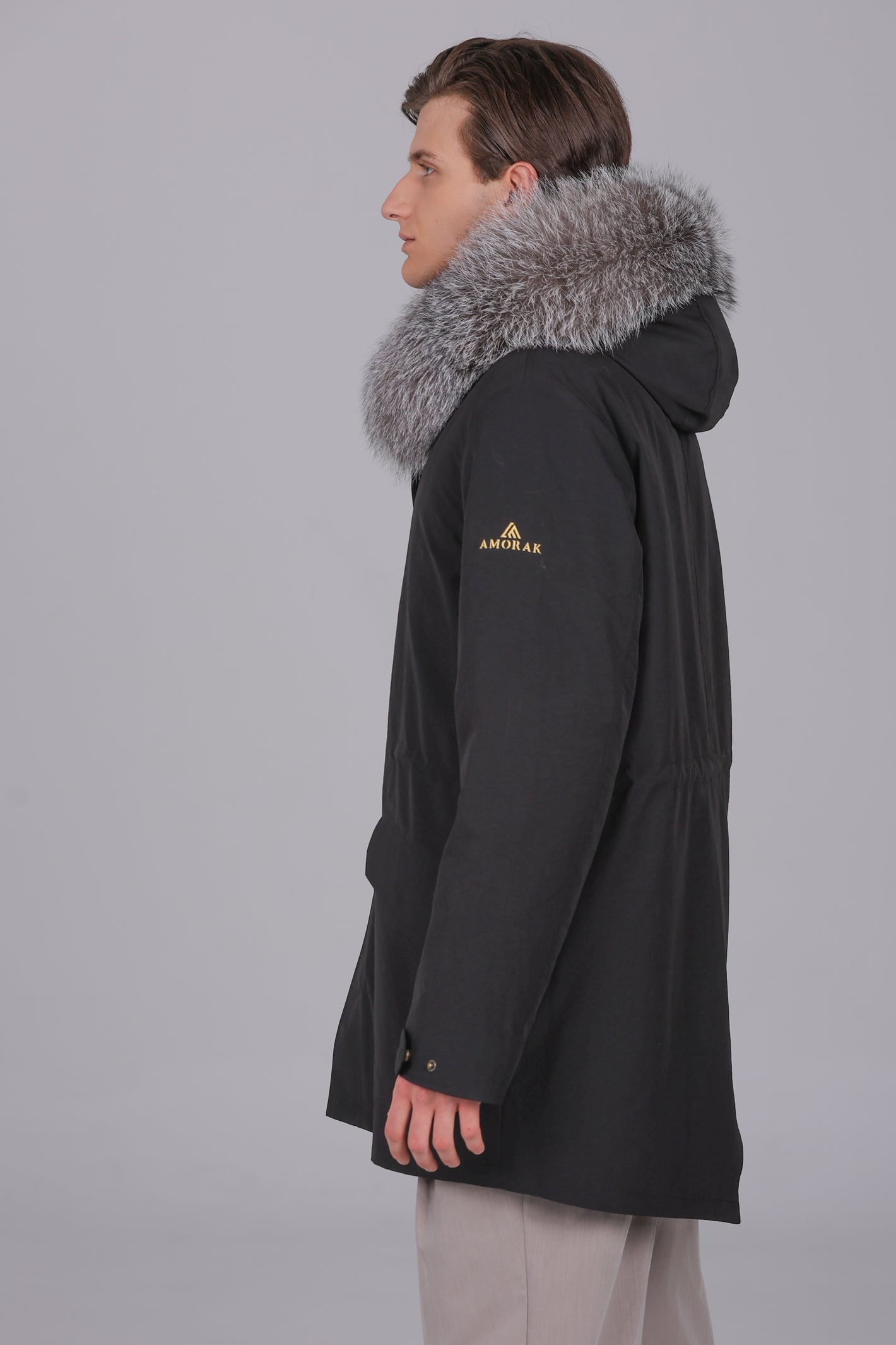 Langer Parka aus wasserdichter Baumwollmischung mit Frostfuchs und Rex-Kaninchen
