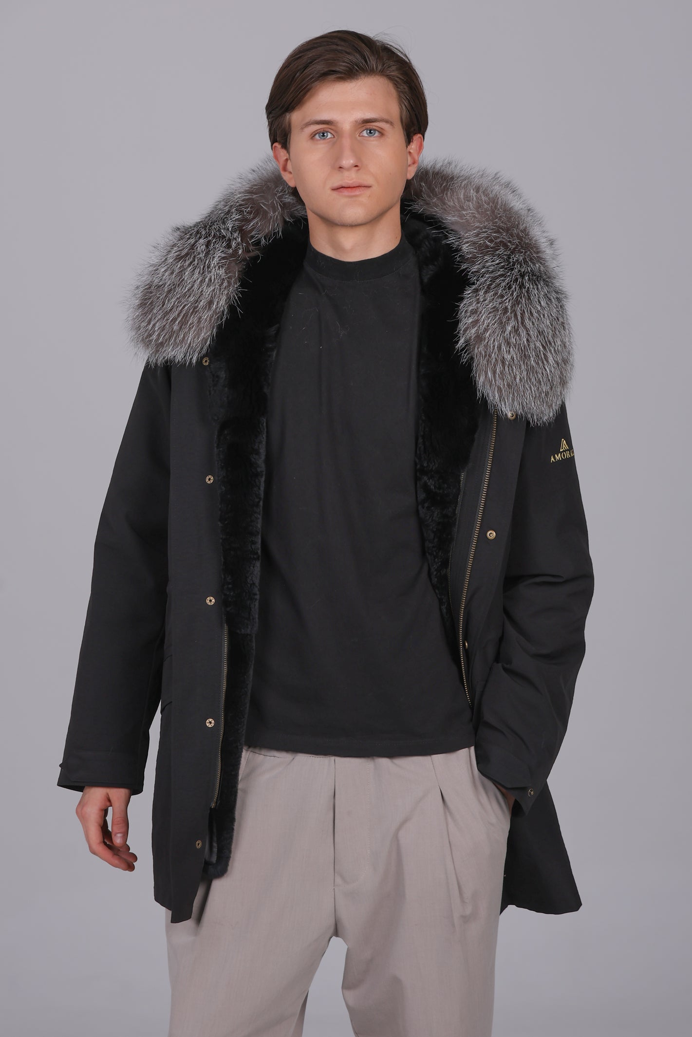 Langer Parka aus wasserdichter Baumwollmischung mit Frostfuchs und Rex-Kaninchen