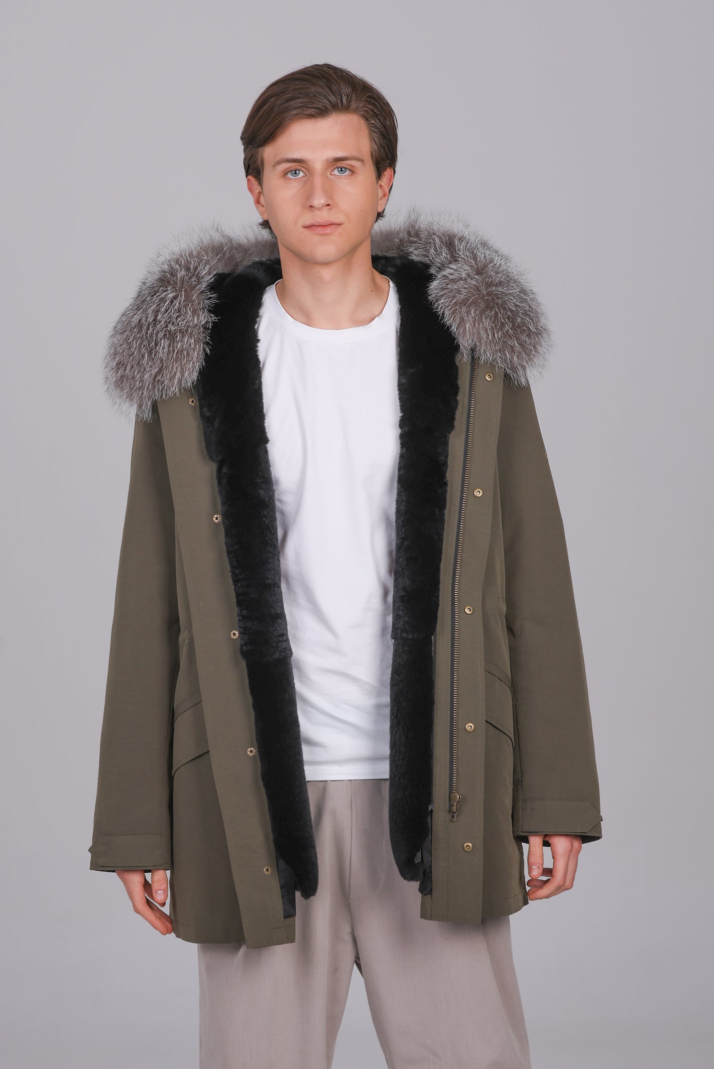 Langer Parka aus wasserdichter Baumwollmischung mit Frostfuchs und Rex-Kaninchen