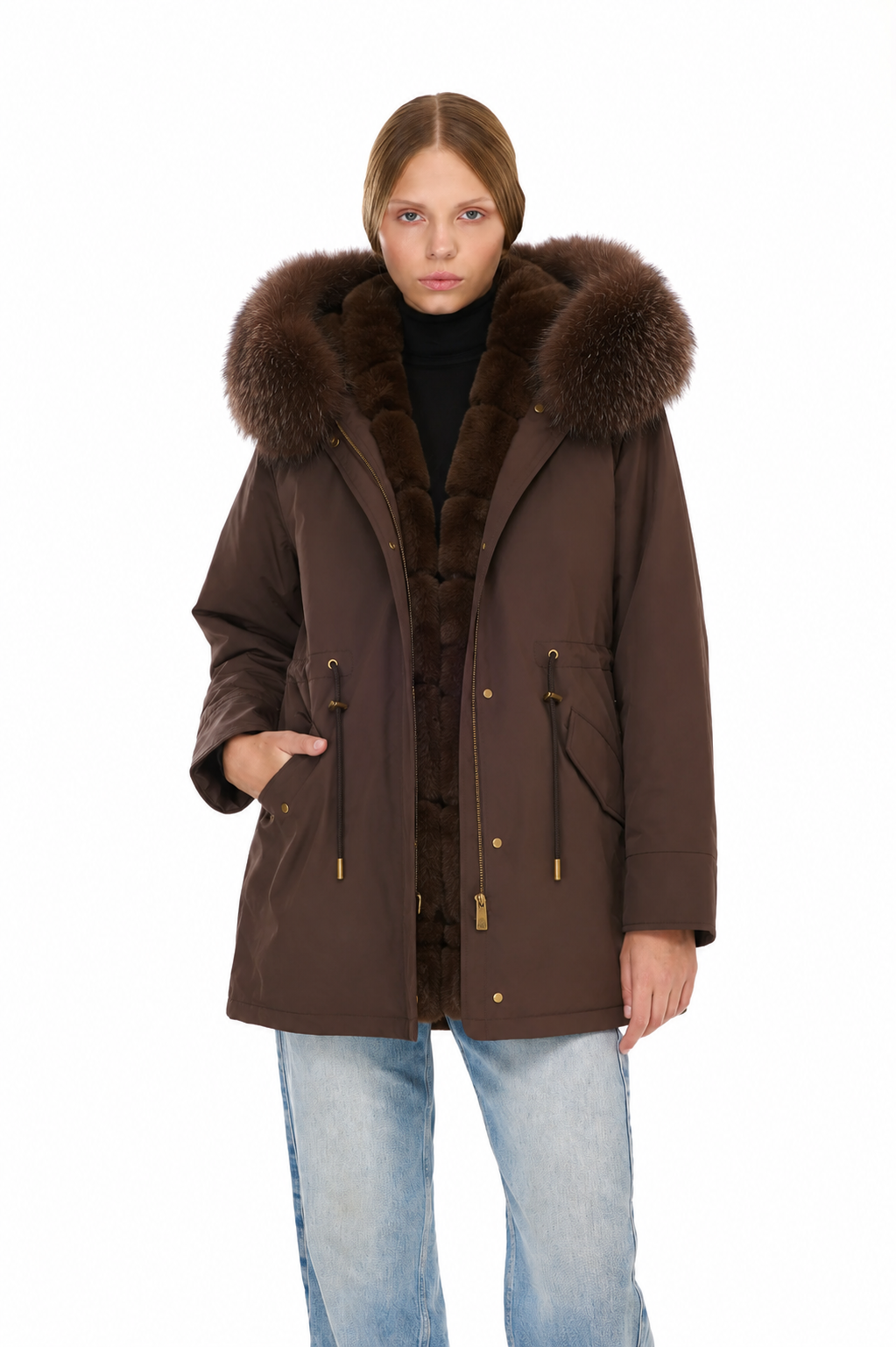 Parka long Urban BROWN in Misto Cotone Impermeabile con Gilet in REX RABBIT