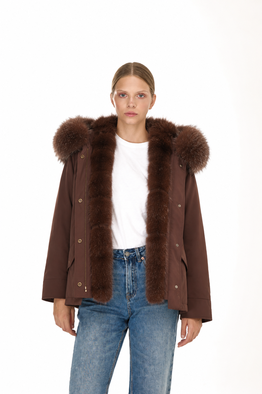 Parka short Urban BROWN in Misto Cotone Impermeabile con Gilet in REX RABBIT