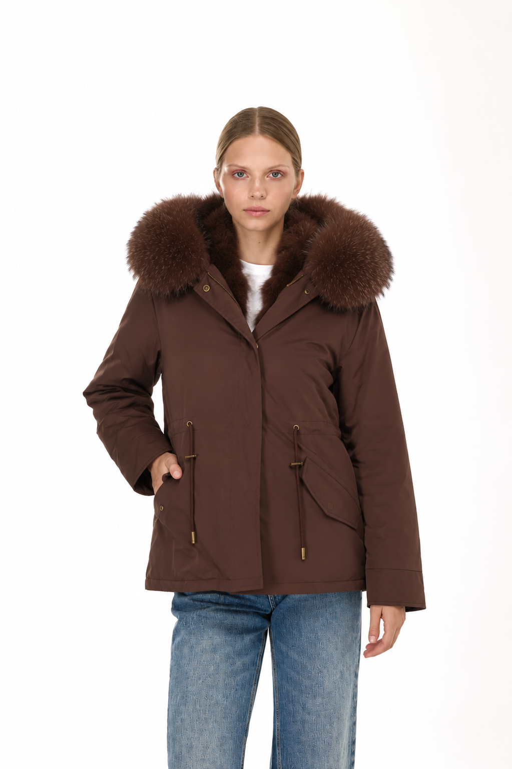 Parka short Urban BROWN in Misto Cotone Impermeabile con Gilet in REX RABBIT