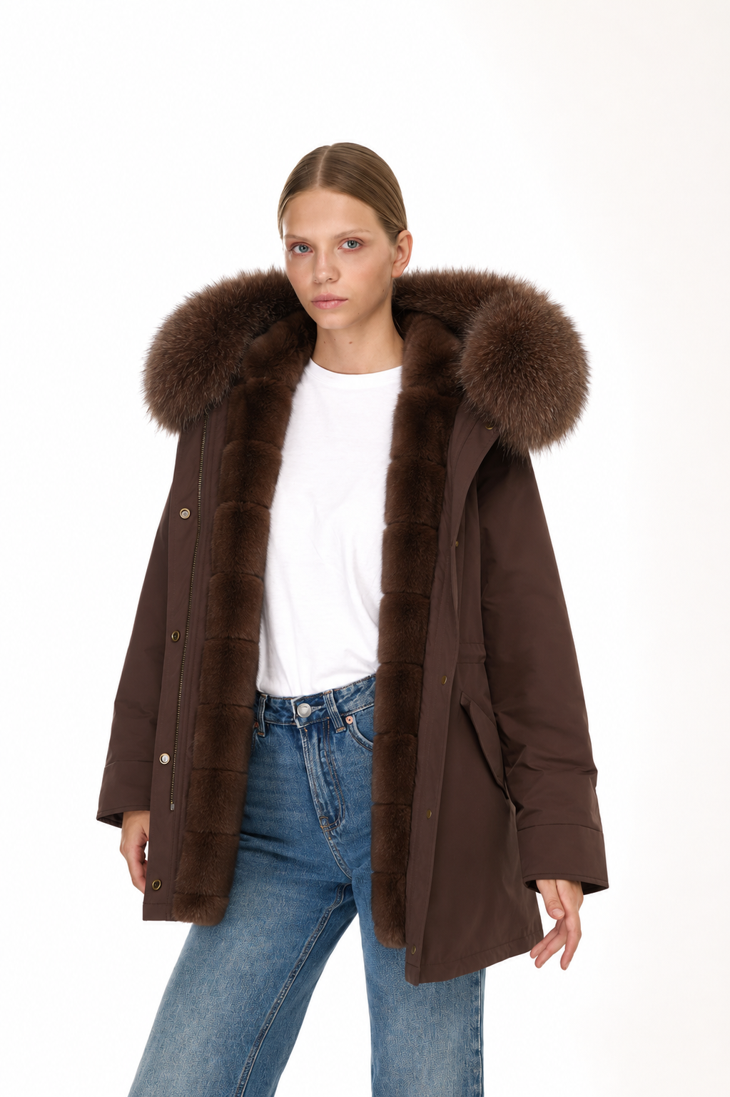 Parka long Urban BROWN in Misto Cotone Impermeabile con Gilet in REX RABBIT